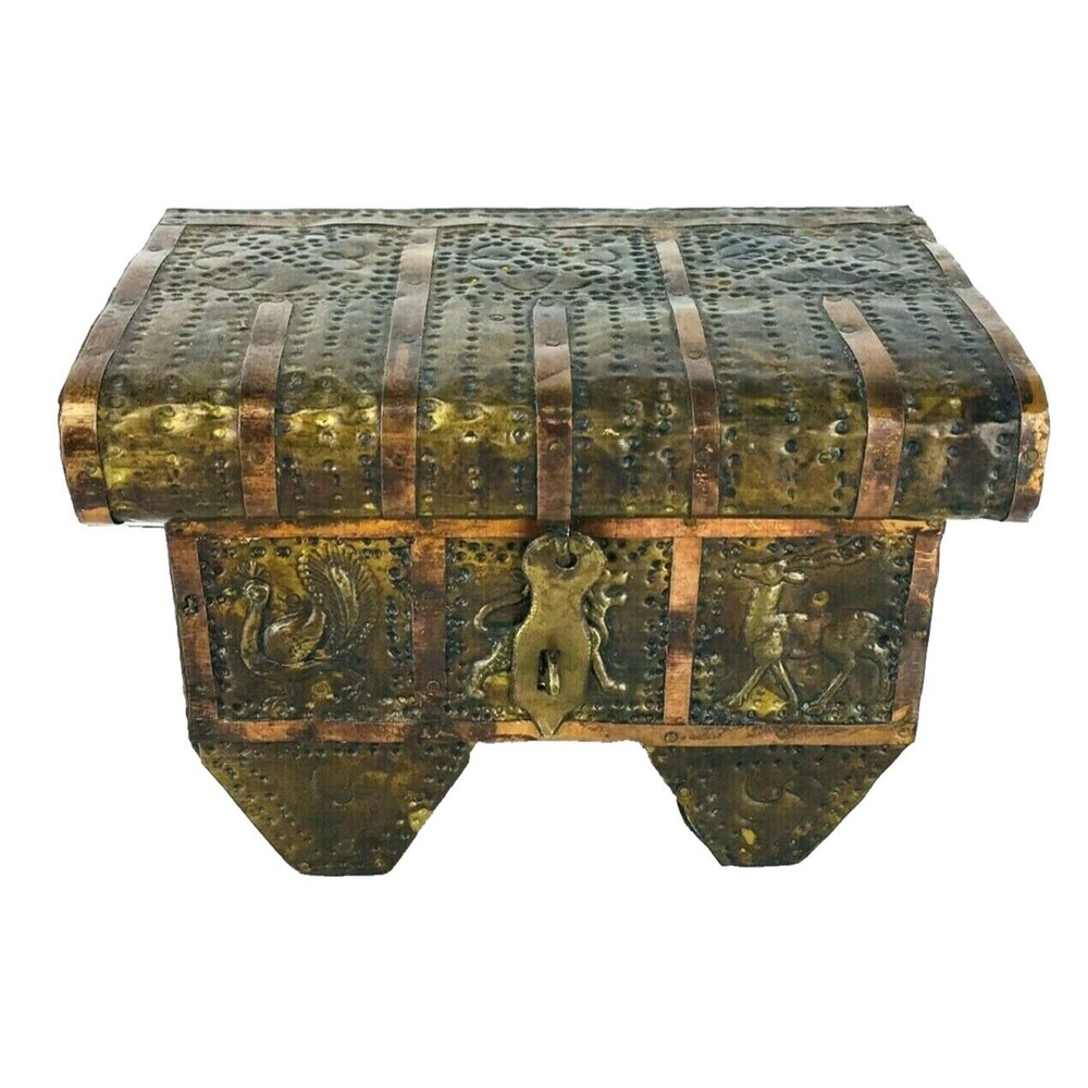 Antique Rustic Old World Hammered Tooled Brass Copper Wood Trinket Box Chest